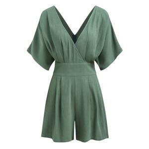 Cider Linen-Blend V-Neck Sage Green Pocket Romper Women's Size 10